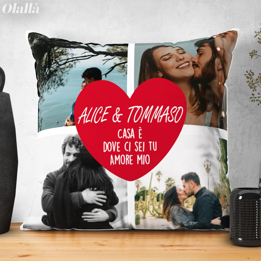 Cuscino Personalizzato con Foto Polaroid Nomi e Dedica d'Amore