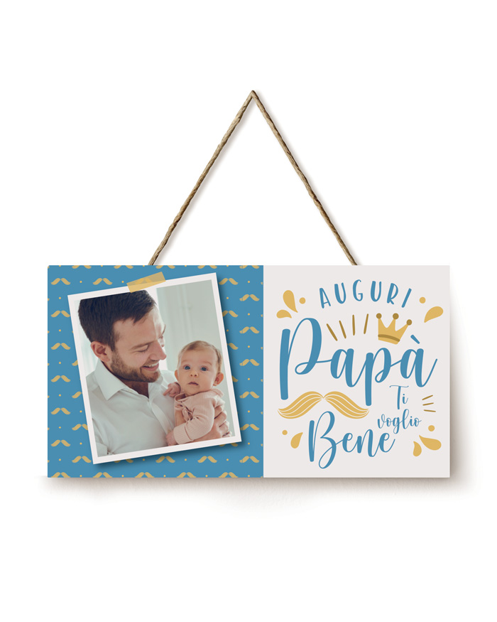 Targhetta da Appendere in Legno Auguri Papà Ti Voglio Bene Personalizzata  con Foto, Baffi e Corona - Idea Regalo per Papà, Festa del Papà, Compleanno