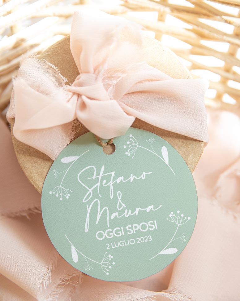 Tag Tondi per Bomboniere Personalizzati con Nomi, Data e Decoro Foliage  Verde - Idea Decorazione Bomboniere per Matrimonio