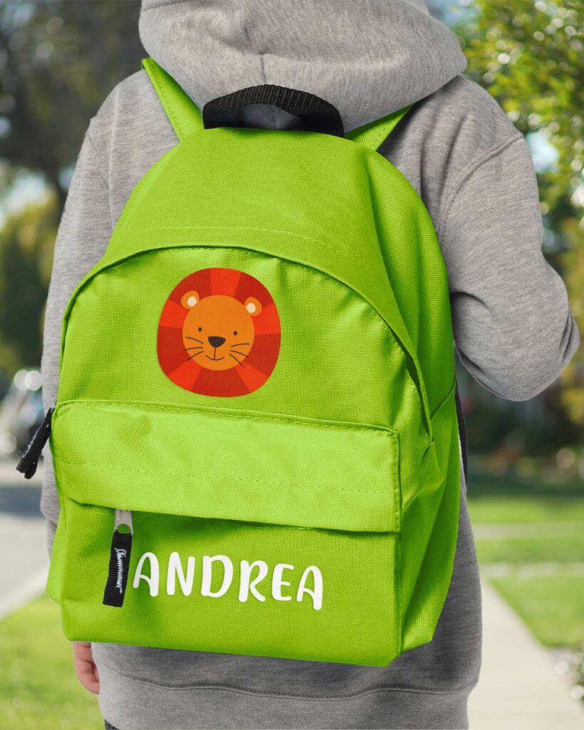 zaino-scuola-bambino-leone-leoncino-verde-personalizzabile