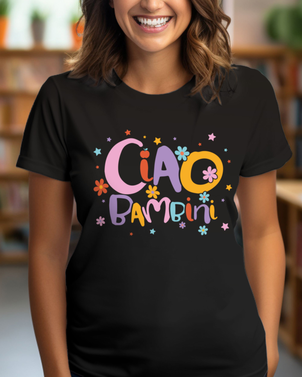 Maglietta T-shirt Maestra “Ciao Bambini” con Fiorellini Colorati – Idea  Back to School, Primo Giorno di Scuola