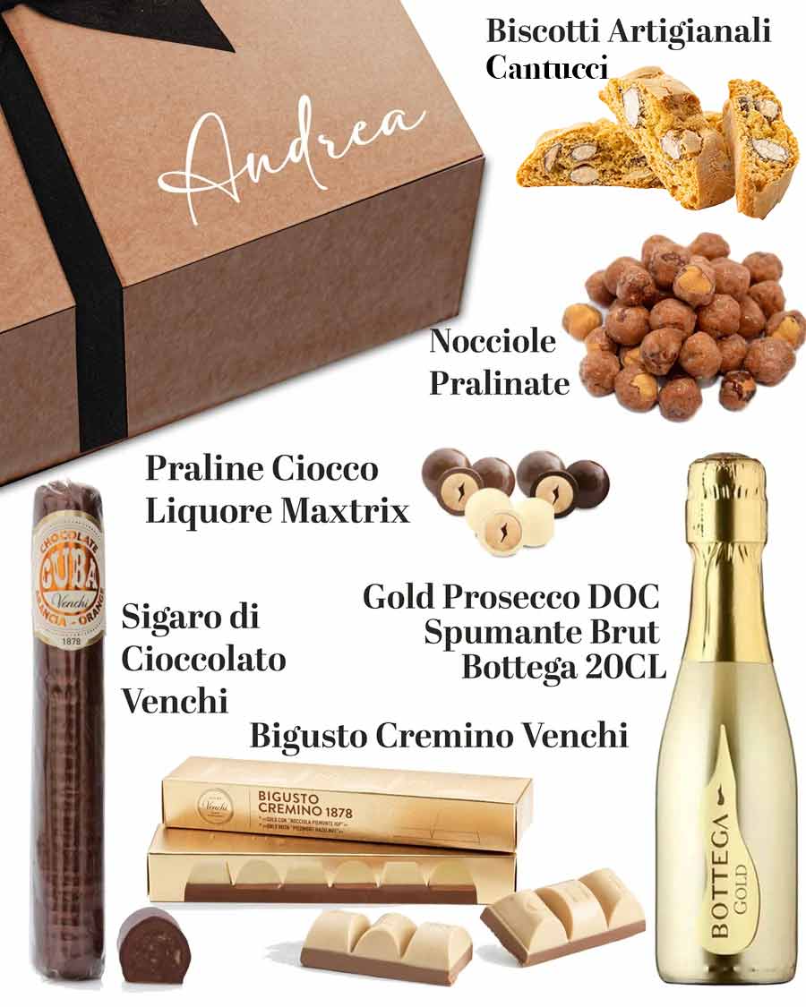 Gift Box Uomo Natale Gold con Mini Prosecco, Sigaro di Cioccolato Venchi  e Nocciole Pralinate - Idea Regalo Natale Lui