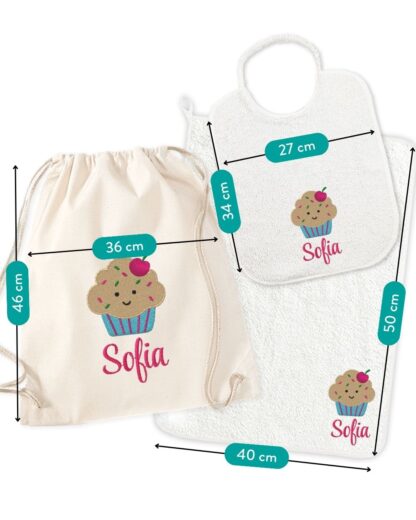 set-bavaglino-sacca-lavetta-personalizzato-nome-cupcake