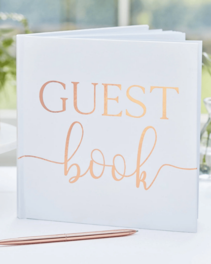 Guestbook-Libro-Firme-Bianco-con-Scritte-Oro-Rosa-per-Matrimonio-Libro-Firme-degli-Ospiti